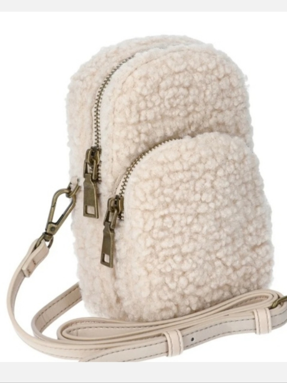 No Boundries-Sherpa Phone Crossbody Bag with Double Zips (Light Tan / Cream 🤎)